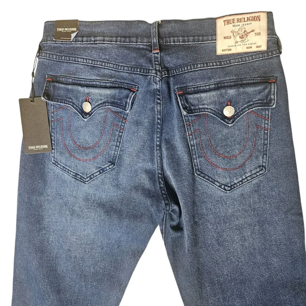 NWT TRUE RELIGION Men Ricky Relaxed Straight Jeans 33x34 Flap Pockets Red Stitch